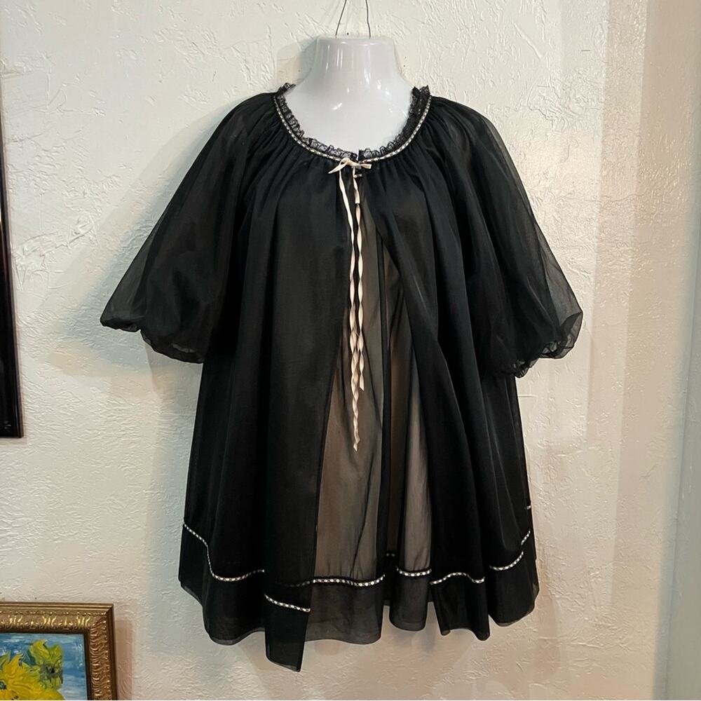 1960s Vintage Black Chiffon Peignoir Nightgown Lingerie Set